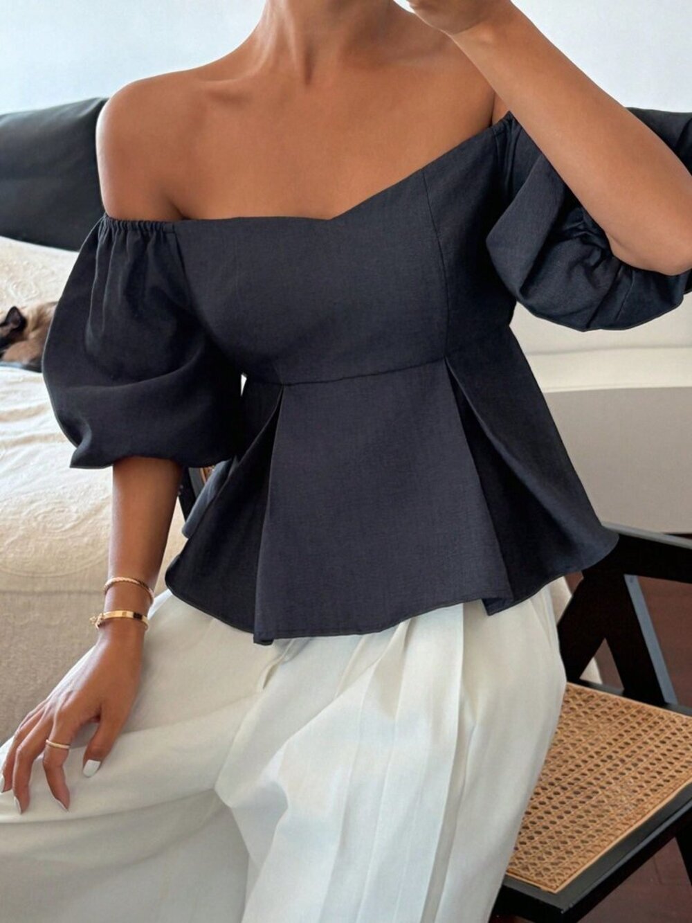 Navy Blue Casual Women's Denim-Effect Puff Sleeve Off-Shoulder Pullover Top - Picture 7 of 8